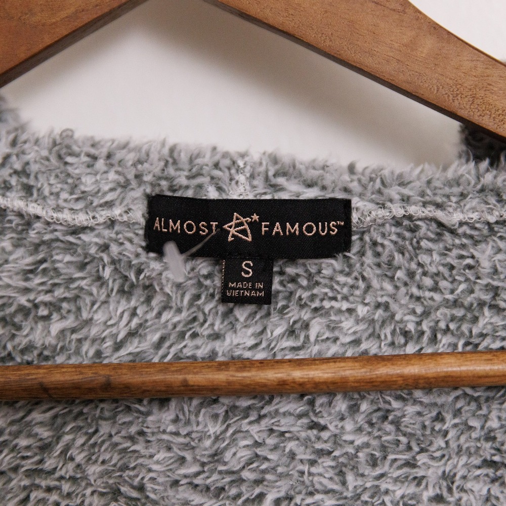 Almost Famous Womens Grey Fuzzy Hooded Open Front Cardigan Sweater Size S - Picture 2 of 8